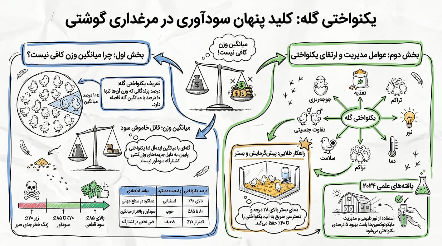 یکنواختی گله در مرغ گوشتی: راز سودآوری که اکثر مرغداران نادیده می‌گیرند